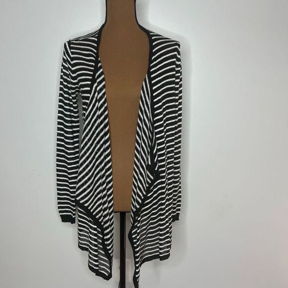 AB Studio, Fly Away Waterfall Draped Black White Striped Cardigan Women’s Medium - Picture 8 of 8